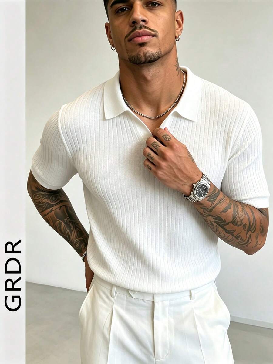 GRDR Men's Summer Solid Color Polo Collar Short Sleeve Knit Sweater, Suitable For Summer Outings, Essential For Fashionable Styling