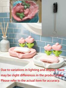 1pc Pink & White Floral Pattern Soap Dish, Flower-Shaped Soap Holder With Slanted Drainage Design, Bathroom Countertop Soap Storage Decor, Home Daily Use - Multicolor - View 9