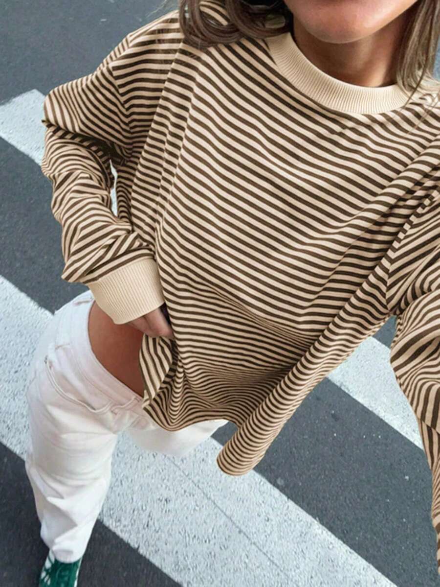 GLAMSKIN Women Color‑Block Striped Crew Neck Long Sleeve T‑Shirt,Simple Loose Fit Fall Basic Tee For Daily Wear&Office Commute - Apricot Coffee - View 1