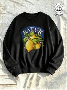 Black Loose-Fit Crew Neck Sweatshirt With Lemon Print & Cross Necklace Street Style For Young Adults Spring Fall Casual Wear - Black - View 1