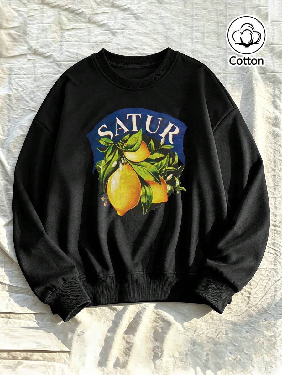 Black Loose-Fit Crew Neck Sweatshirt With Lemon Print & Cross Necklace Street Style For Young Adults Spring Fall Casual Wear - Black - View 1