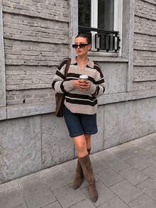 Joy Knit 女款針織毛衣 秋冬時尚新款 基礎上衣 優雅極簡休閒百搭 彩色條紋撞色翻領 寬鬆長袖針織上衣 適合辦公穿搭 外出聚會 派對 節慶 生日 海灘 - 卡其+棕色 - 查看 5