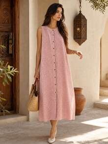Women's Autumn Inner Layer Elegant Casual Minimalist Vintage College Style Spring/Summer Sleeveless Plaid Blend Button-Up Loose Tank Pink - Pink - View 1