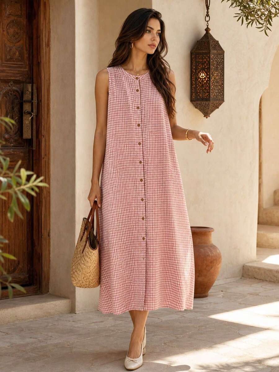 Women's Autumn Inner Layer Elegant Casual Minimalist Vintage College Style Spring/Summer Sleeveless Plaid Blend Button-Up Loose Tank Pink - Pink - View 1