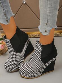 Women's Wedge Heel Ankle Boots, Round Toe Thick Sole Height-Increasing Elastic Ankle Boots, Retro Casual Autumn/Winter Commute Ankle Boots - Black Rice - View 2