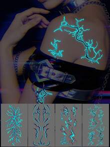 1pc Halloween Cyberpunk Cool Glow-In-The-Dark Symmetrical Lightning Totem Pattern Makeup Tattoo Sticker, Waterproof Face Shoulder Neck Collarbone Tattoo Sticker For Halloween Party Gift - Multicolor - View 1