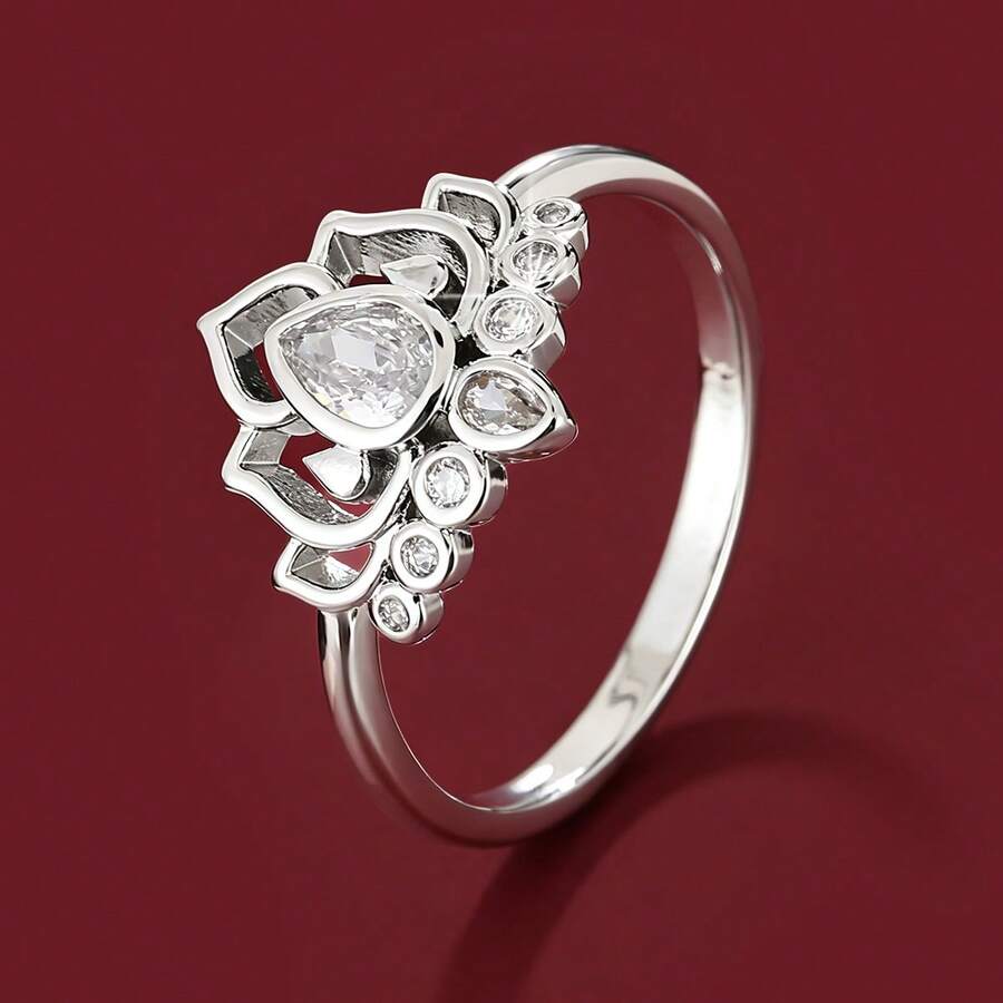 1pc Creative Lotus Shaped Artificial Zirconia Decorated Fashion Ring For Women - Multicolor - View 1