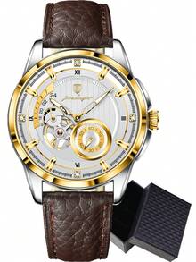 POEDAGAR 1pc Business Men's PU Leather Automatic Mechanical Skeleton Tourbillon Watch, Fashion Waterproof Luminous Wristwatch For Daily Occasions, Men's Gift - one-size - View 16