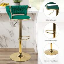 Nalupatio Set Of 4 Luxurious Bar Stools With Velvet Upholstery, Backrest & Footrest – Height Adjustable & Swivel, With Gold Metal Base - Green - 4-piece Set - View 3