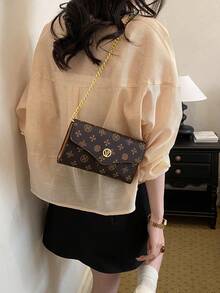 PU Leather Dual-Color Letter Print Casual Shoulder Bag, Women's Envelope Bag With Chain Strap, Fashionable & Versatile - Coffee - View 4