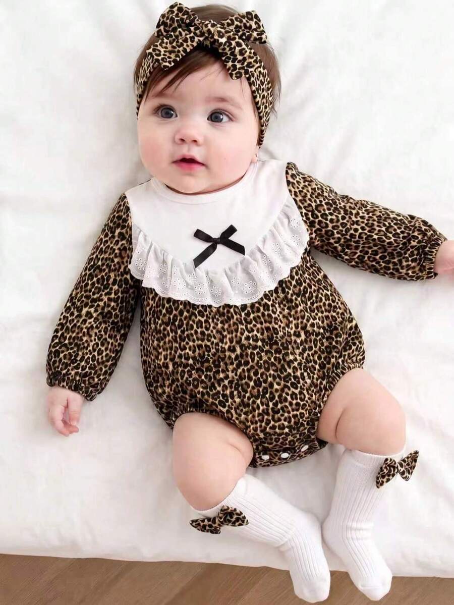 Autumn/Winter Cute Round Neck Leopard Print Long Sleeve Bow Bodysuit & Bow Socks & Headband For Baby Girls - Multicolor - View 1