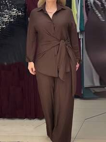 Women's Casual Commute Lapel Long Sleeve Design Tie Waist Shirt + Loose Wide Leg Pants 2 Pieces Set, Solid Color Front Button Tie Shirt And Long Pants Outfit, Suitable For Commute, Daily Wear And Date - Brown - View 7