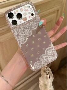 Vintage Heart Lace Phone Case Compatible With Apple 17 Pro Max/ 17 Pro, Korean Ins Style Aesthetic, 16/15 Niche Creative Premium Full Coverage Shockproof New Phone Cover For Women - Grey - View 4