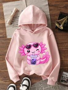 1pc Big Girls' Warm Thick Thermal Lined Hooded Sweatshirt, Student Children Autumn/Winter Long Sleeve Top - Pink - View 4