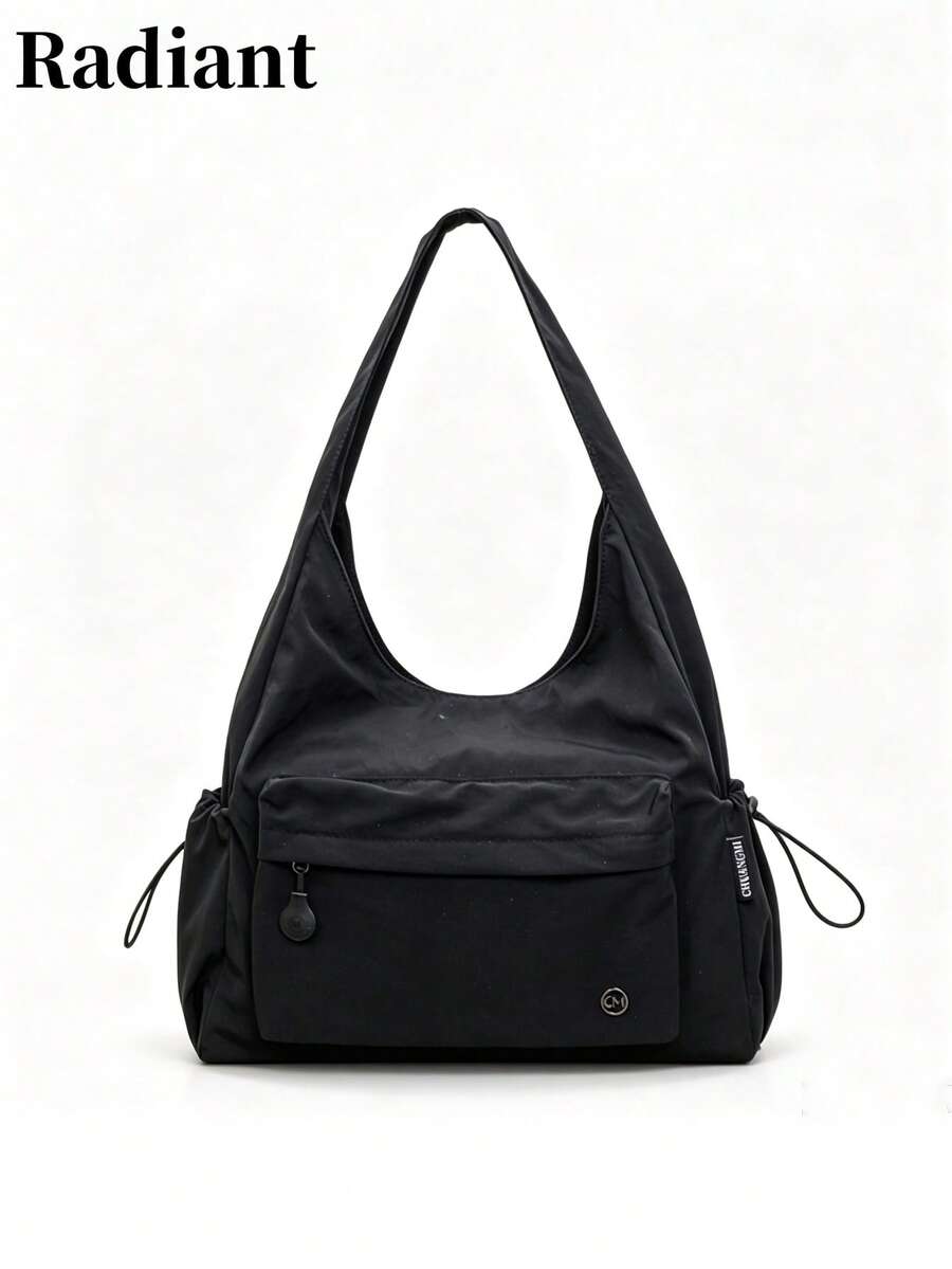 Women's Shoulder Tote Bag, Solid Color Nylon Fabric, Drawstring Design, Side Pockets, Zipper Closure, Large Capacity, Casual Style, Suitable For Daily Commute, Travel, All Seasons - Black - View 1