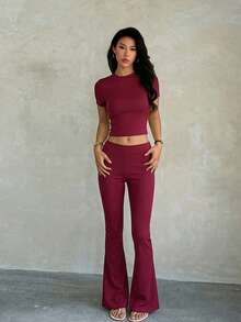 Women's Autumn Fashion Solid Color Casual Ribbed Short Sleeve Top And Straight Leg Pants 2 Pieces Set - Burgundy - View 5