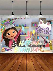 MASSDI 1 buah Latar Belakang Fotografi Ulang Tahun Kucing Kartun Rumah Boneka Gabby, Latar Belakang Kain Perayaan Berwarna-warni dengan Desain Rumah Boneka dan Musik, Spanduk Stan Foto untuk Dekorasi Dinding Pesta, Meja Kue, dan Properti Studio - MultiWarna - View 17
