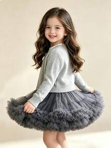1pc Girls Cute Glamorous Dreamy Sweet Princess Contrast Color Heavy Work Layered Ruffled Tulle Cake Tutu Skirt, Birthday Gift, Christmas, Thanksgiving, New Year Party, Banquet, All Seasons Wear - Dark Grey - View 6