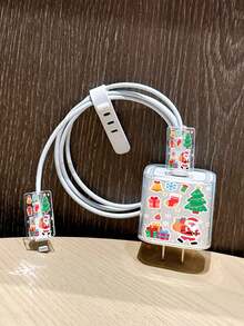 Santa Claus Christmas Tree Christmas Element Full Print Pattern, Compatible With Iphone 18W/20W Transparent Charger Protective Case, Compatible With Iphone 13/14/15 Charger Protective Case, 20W Charger Protective Case Set, Charging Cable Head Protective Case, Gift, Transparent Protective Case, Charger Protective Shell - Multicolor - View 5