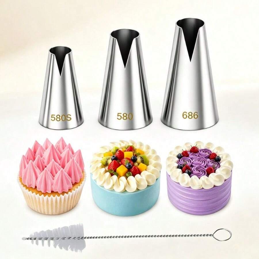 Russian Piping Tips Set, V-Shape Wave Cake Nozzles, Stainless Steel Icing Tool For Cupcakes Cookies, With Cleaning Brush