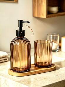1 Set Soap Dispenser + Toothbrush Holder + Tray 3-In-1 Bathroom Set, Striped Glass Material, Bathroom Accessories Set, Refillable Lotion Dispenser Bottle, Bathroom Decor Accessories - Brown - View 3