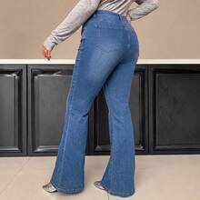 Plus Size High‑Stretch Flare Leg Denim Jeans, Medium Blue Washed High Waist Front Slit Hem Jeans For Pear‑Shaped Curvy Figures - Blue - View 3