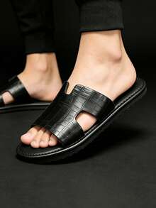 Men's Crocodile Embossed Slippers, Hollow-Out Open Toe Slip-On Flat Bottom Retro Roman Sandals, Comfortable And Fashionable, Suitable For Beach, Swimming Pool, Indoor Casual Wear, Open Toe Beach Slippers, Available In Black, Brown - Black - View 6