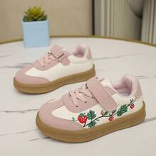 Girls' Pink And White Colorblock Training Shoes, Strawberry Embroidery Hook And Loop Retro Rubber Sole Casual Sneakers - Pink - View 2