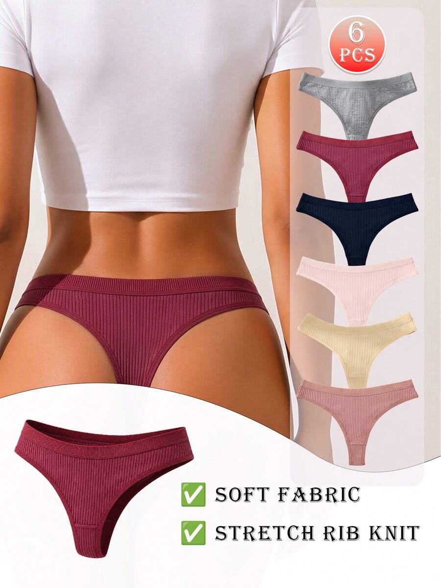 6pcs/Set Ribbed Comfortable G-String T-Back Thong Seamless Panties, Sexy Comfortable Triangle Women's Underwear