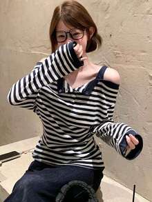 Korean Style Autumn New Slouchy Striped Half-Open Collar Open Shoulder Long Sleeve T-Shirt For Women - Navy Blue - View 3