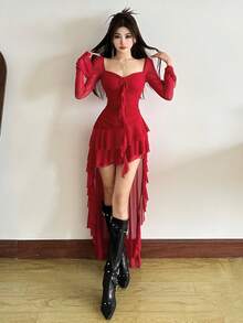Premium Vibrant Solid Color Fitted High Waist Fashionable Square Neck Long Sleeve Mesh Dress, Asymmetric Hem, Suitable For Party And Casual Occasions - Red - View 6
