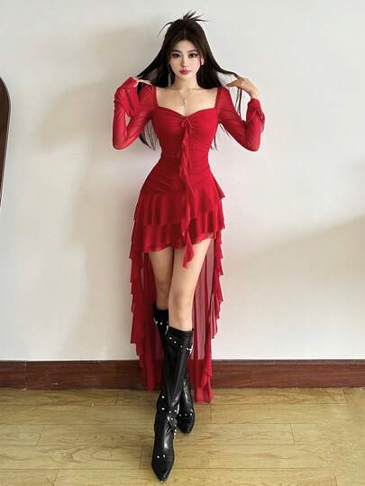 Premium Vibrant Solid Color Fitted High Waist Fashionable Square Neck Long Sleeve Mesh Dress, Asymmetric Hem, Suitable For Party And Casual Occasions