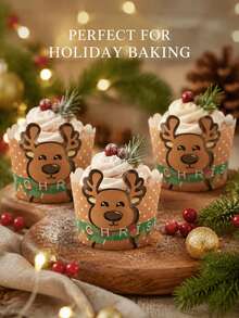 30pcs/50pcs Reusable Christmas Reindeer Cupcake Liners, Cute Holiday Cake Cup Decorations, Suitable For Baking, Dessert Table, Winter Party, Family Gathering, Holiday Event And Christmas Celebration - Multicolor - View 3