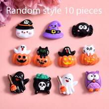 10pcs Random Style Halloween Theme Cute Resin Charms - 3D Glossy Flat Back Design, Including Ghost, Bat, Magic Hat, Owl, Pumpkin, Cat And Other Elements, Suitable For Phone Case Decoration, Scrapbooking And Other Creative Projects - A - View 9