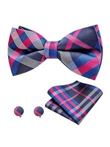 Paisley Striped Bow Tie For Men Silk Pre-Tied Bowtie Pocket Square Cufflinks Set Formal Wedding Party Prom - Blue - View 1