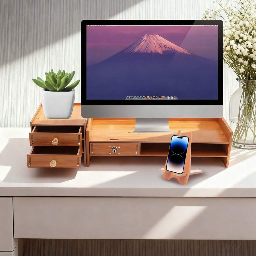 Wooden Desk Organizer With Drawers Office Supplies Computer Desktop Tabletop