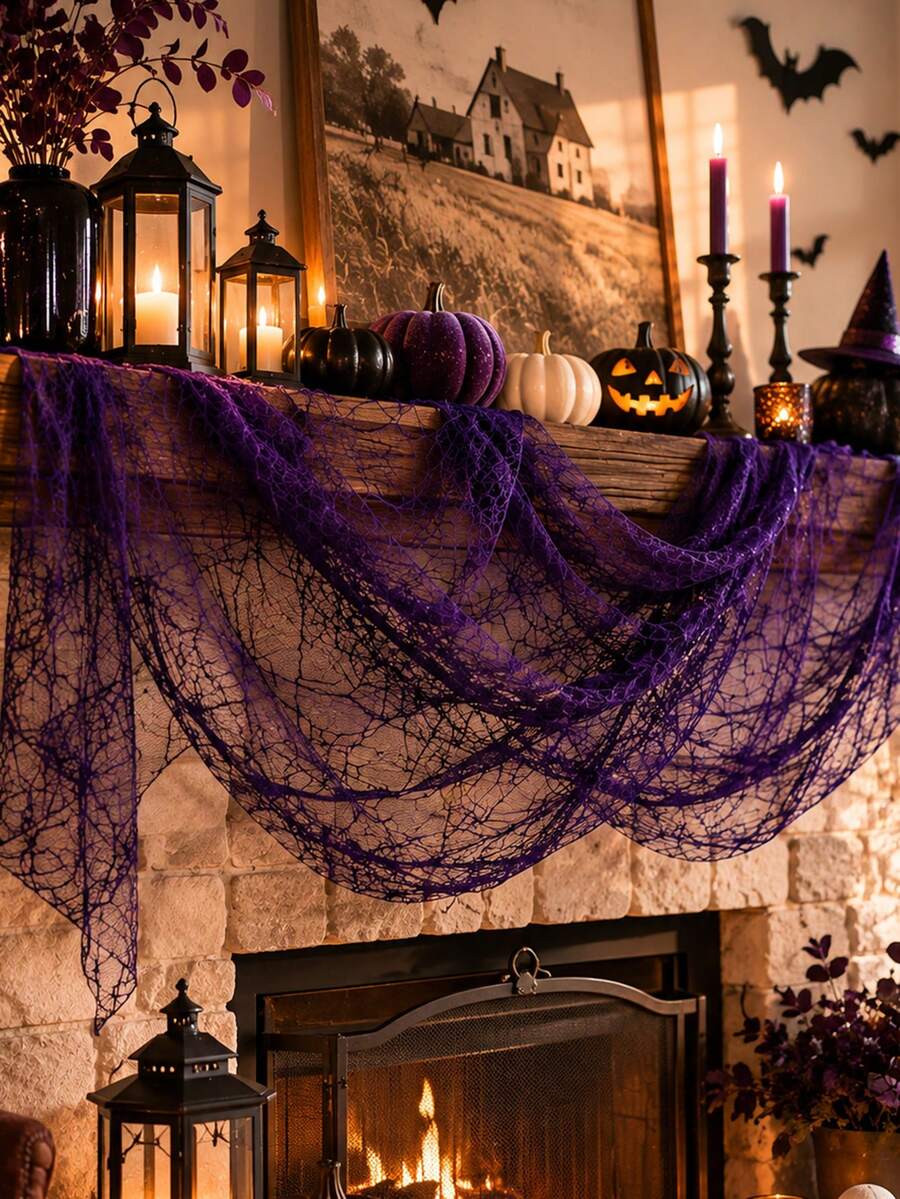 1pc Spider Web Fireplace Mantel Decor, Purple Lace Web Party Decoration, Creepy Spider Web Wreath, Suitable For Halloween Home Decor, Fireplace Mantel, Fireplace, Eerie Party Decoration