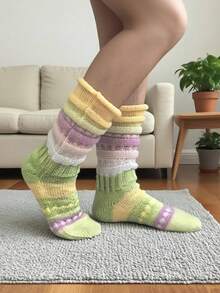 1 Pair Women's Winter Striped Ruffle Long Socks, Fairland Style, Thick Soft Warm Y2K Retro - Multicolor - View 11