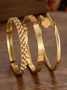 1/3 Pcs 18K Gold Plated 304 Stainless Steel Luxury Zirconia Bracelet Set, Inlaid Zirconia, Clover Flower Zirconia Bracelet, Suitable For Women, Mother's Gift, Christmas, Thanksgiving, Halloween, Wedding Jewelry, Carnival/Ball/Party/Daily Accessory, Anniversary, Valentine's Day, Bohemian Style Jewelry, Birthday, Bridesmaid Gift - Gold - View 1