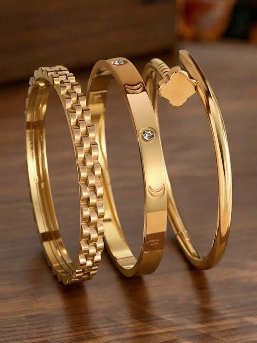 1/3 Pcs 18K Gold Plated 304 Stainless Steel Luxury Zirconia Bracelet Set, Inlaid Zirconia, Clover Flower Zirconia Bracelet, Suitable For Women, Mother's Gift, Christmas, Thanksgiving, Halloween, Wedding Jewelry, Carnival/Ball/Party/Daily Accessory, Anniversary, Valentine's Day, Bohemian Style Jewelry, Birthday, Bridesmaid Gift - Gold - View 1