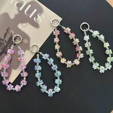 Dreamy Cute Style Macaron Flower Handheld Phone Wrist Chain, Matching Silvery Metal Round Ring Bag Key Pendant, Ethereal Light Portable Decorative Accessory, Suitable For Phone Case, Handbag, Car Key, Earphone Case - Multicolor - View 2