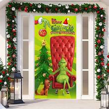 The Grinch بطانية باب أخضر لعيد الميلاد، ديكورات حفلة عيد ميلاد، لافتة شرفة أمامية لعطلة الشتاء، ديكور منزلي داخلي وخارجي - متعدد الألوان - مشاهدة 6