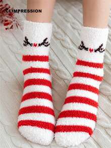 CLIMPRESSION Christmas Cute Eye Pattern Mid-Calf Socks, Soft Coral Fleece Warm Slippers Socks, Red Striped Holiday Indoor Floor Socks - Red - View 4