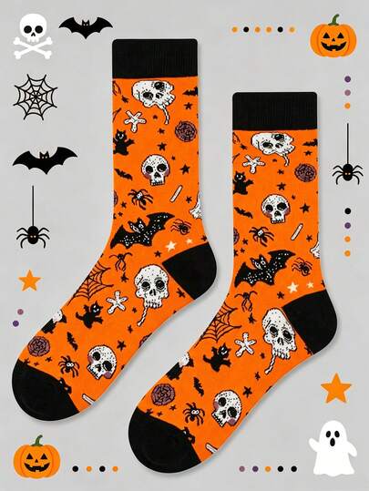 1 Pair Men Crew Socks, Soft Breathable Halloween Skull Bat Spider Themed Novelty Crew Socks, Unisex, Gift, Fall Winter Halloween Christmas Daily Wear