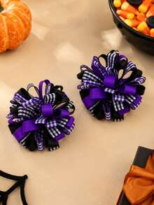 2pcs Girls Halloween Hair Clips, Purple & Black Plaid Hydrangea Hair Clips, Party & Daily Hair Accessories - Multicolor - View 4