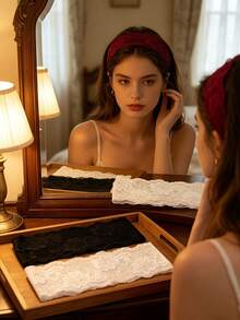 3pcs Women's Solid Color Embroidered Lace Elegant Fashion Breathable Comfortable Lightweight Decorative Headbands, Suitable For Daily Commute, Outfit Matching, Shopping, Travel, Photography And Wearing, Perfect Exquisite Gift For Friends - Black, White and Red Three-piece Set - View 7