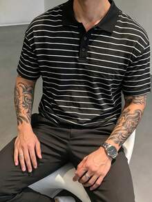 Men's Horizontal Striped Short Sleeve Polo Shirt, Breathable Knit Fabric, Casual Classic Fit Daily Top - Black - View 4