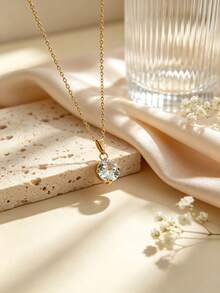 1pc Minimalist Fashion Elegant Style Geometric Round Pendant Decorated With Glass Stainless Steel Necklace Suitable For Women's Daily Wear/Party/Wedding/Friend's Holiday Gift - Yellow Gold - View 4