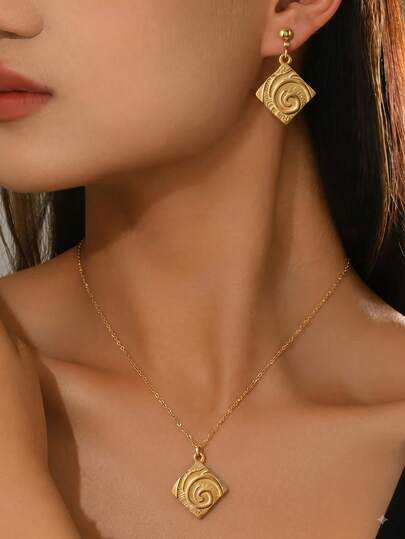 2pcs Women Jewelry Set, Square Relief, Retro Spiral Pattern Detail, Vintage Distressed, For Ladies Daily Party, Gift For Valentine's Day & Birthday