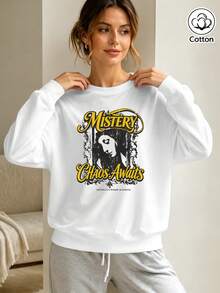Women's Retro Graphic Crew Neck Pullover Sweatshirt - Loose Fit Long Sleeve Tee With Vintage Character Print & Lettering, - White - View 2